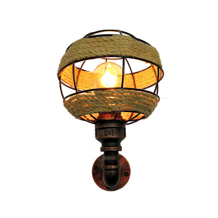 Industrial Hemp Rope Weaving Iron Sphere 1-Light Wall Sconce Lamp
