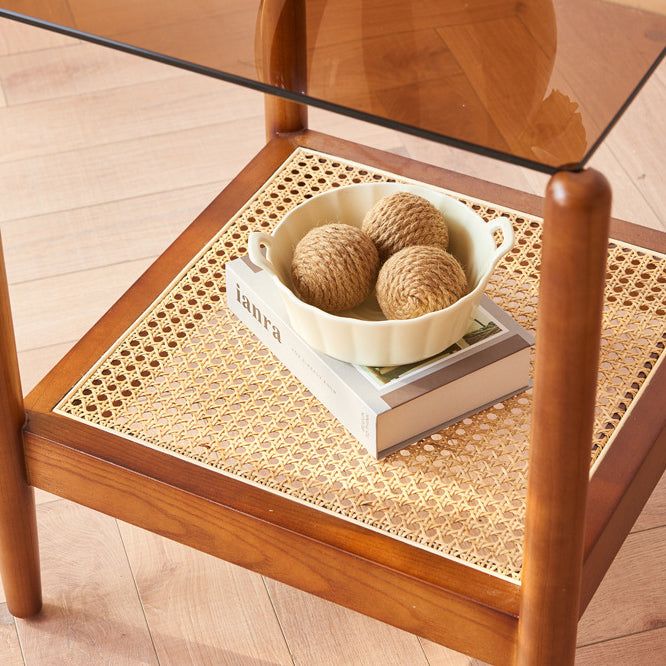 Table de bout en verre à deux niveaux en bois de frêne carré tissé traditionnel japonais pour salon 