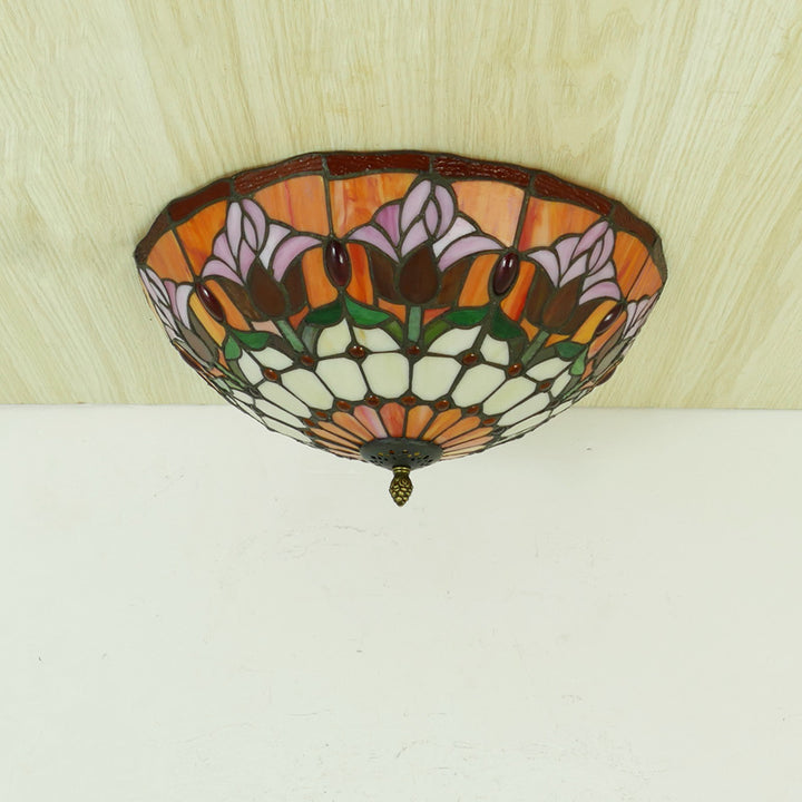 Plafonnier en verre teinté Tiffany Tulip traditionnel à dôme en fer 2/3 lumières pour salon 