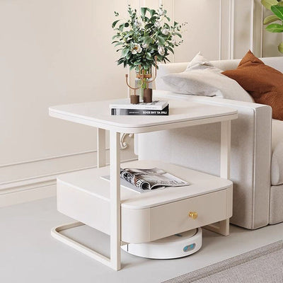 Mesa auxiliar contemporánea nórdica cuadrada de vidrio, metal y madera de 2 niveles para sala de estar 