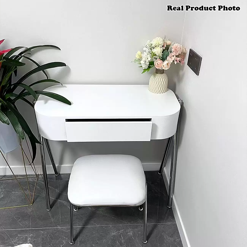 Coiffeuse et tabouret rectangulaires en MDF et acier inoxydable, style moderne minimaliste, à 1 tiroir, pour chambre à coucher 