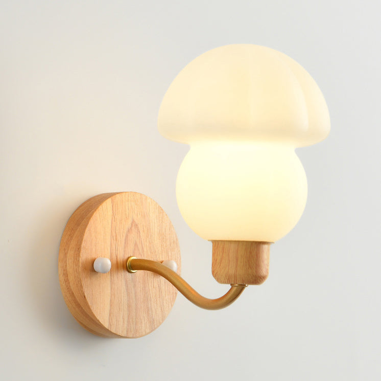 Contemporary Nordic Iron Wood PVC Mushroom 1-Light Wall Sconce Lamp For Bedside