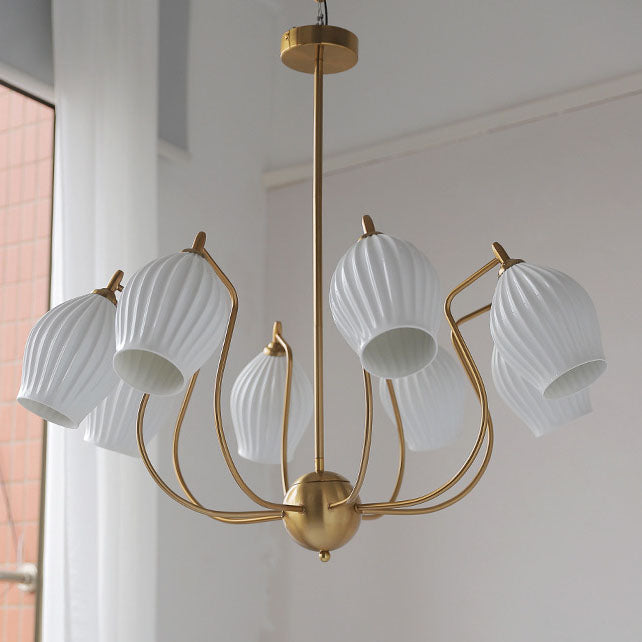 Traditioneller französischer Kronleuchter aus Eisen, Kupfer und Keramik mit Blumenglocke, gestreift, 4/6/8 Lichter für Wohnzimmer 