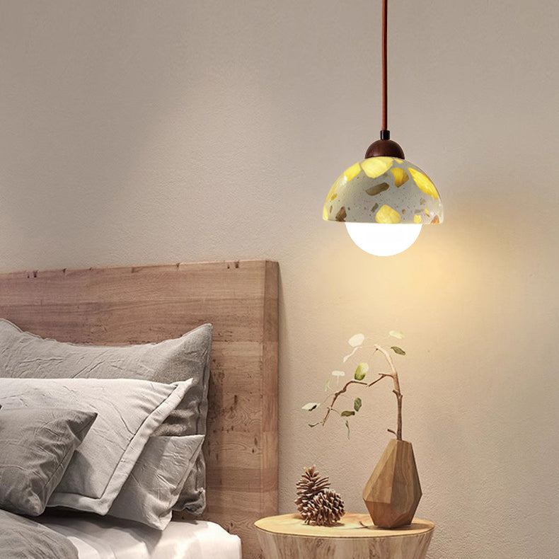 Moderne minimalistische runde Halbkugel Zement Massivholz 1-Licht Pendelleuchte für Schlafzimmer