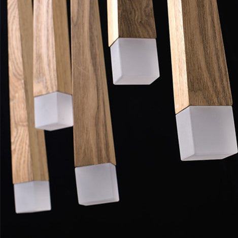 Lustre de style rustique traditionnel en bois carré long avec LED pour salle à manger 