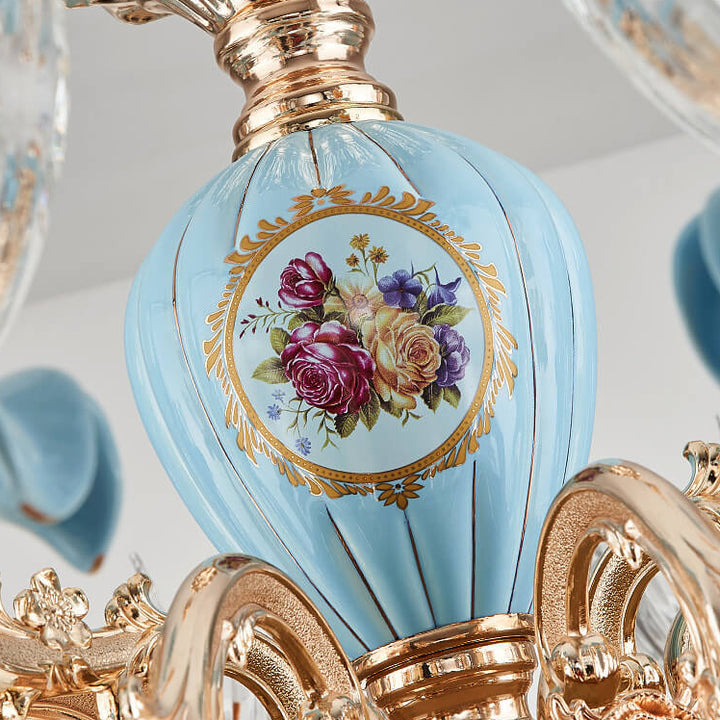 Traditional European Flower Candelabra Zinc Alloy Crystal Glass Ceramic 6/8/10/12-Light Chandelier For Living Room