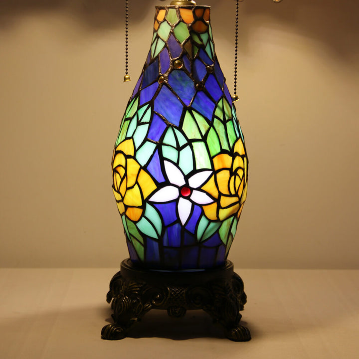 Tiffany Vintage Rosenblume Dekor Buntglas Kuppel 2-Licht Tischlampe 