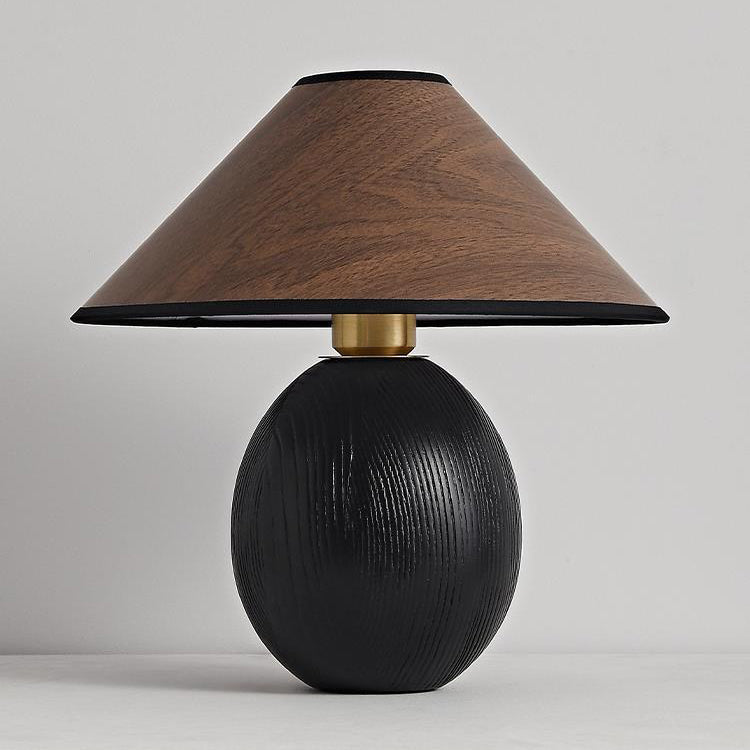 Lampe de table en bois massif trapézoïdal rond japonais traditionnel avec tissu 1 lumière pour chambre 