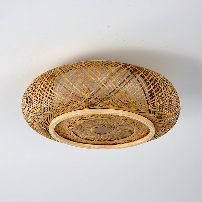 Plafonnier en bambou PVC à une lumière avec monture affleurante, style vintage traditionnel et squelette rond pour salon 