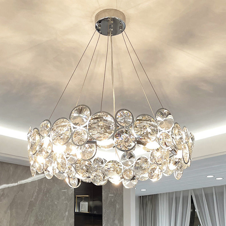 Lustre moderne de luxe à disques en cristal à niveaux, abat-jour rond en acier inoxydable, 8/12 lumières pour salon 