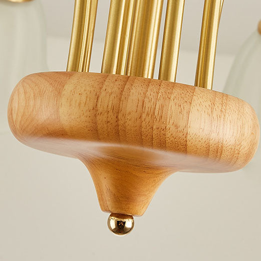 Lámpara de araña tradicional francesa redonda de cobre con vidrio y madera con 4/6/8 luces para sala de estar 