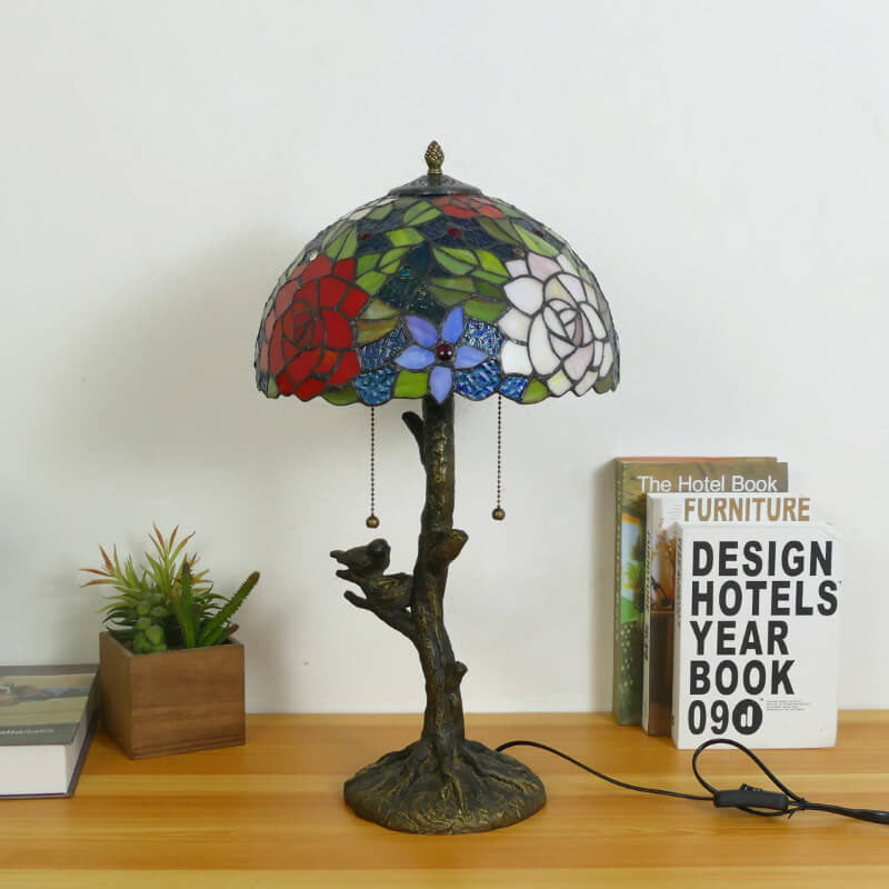 Traditional Tiffany Dragonfly Flower Stained Glass Bird Base 2-Light Table Lamp For Bedroom