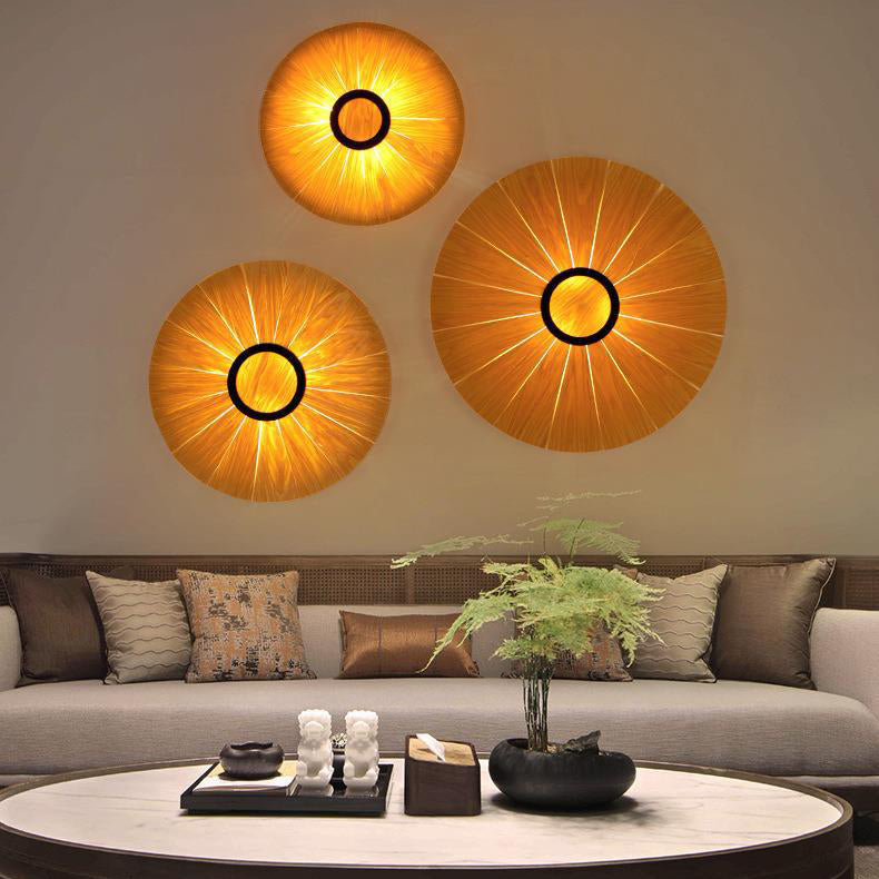 Traditional Vintage Round Disc Wood Veneer 1-Light Wall Sconce Lamp For Dining Room