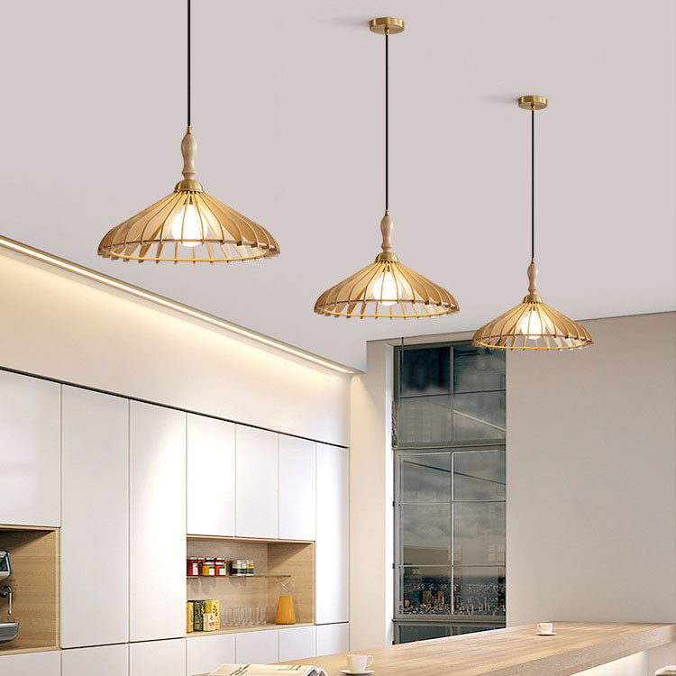 Traditional Japanese Umbrella Ash Wood Copper 1-Light Pendant Light For Bedroom