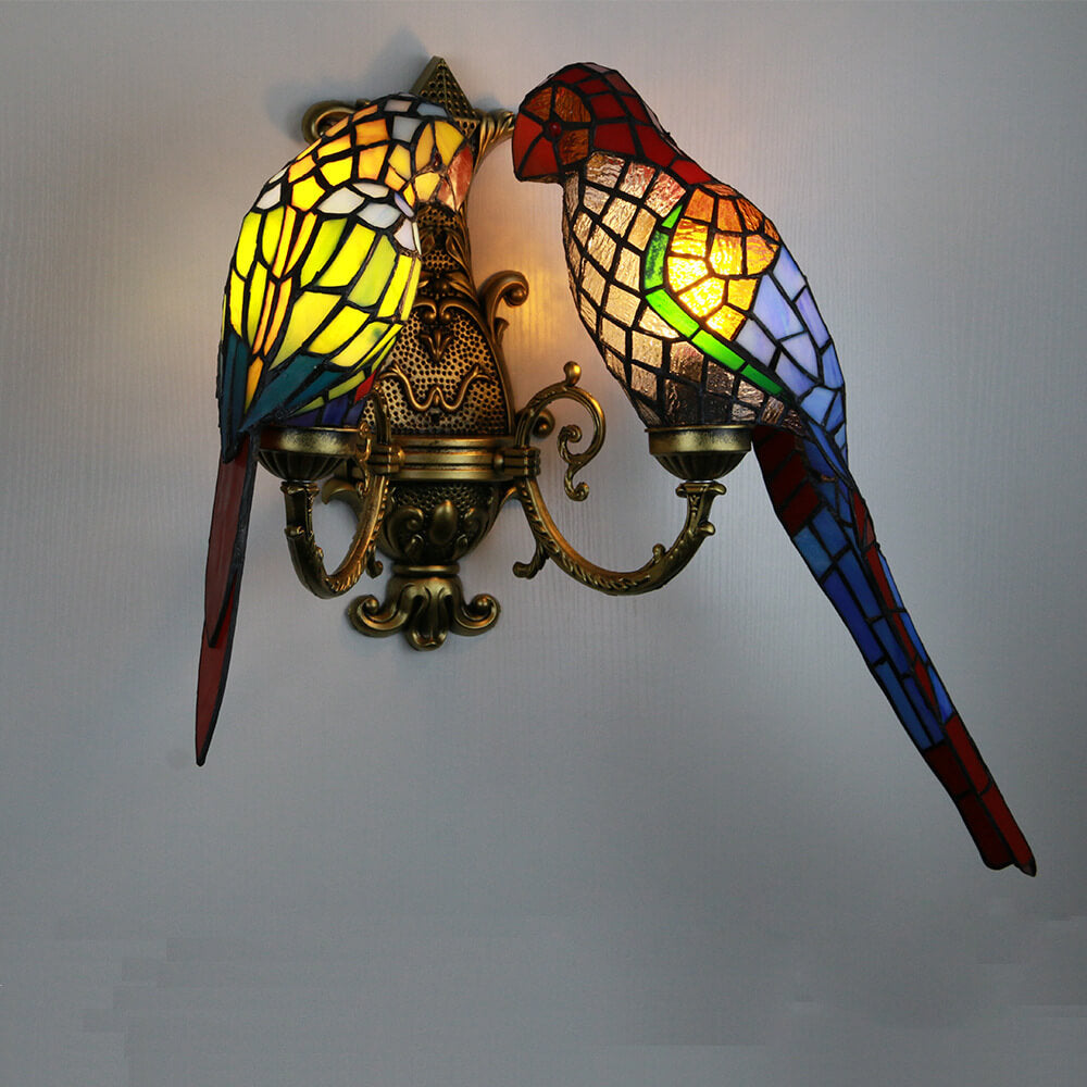 Tiffany Pastoral Doppelköpfige Papagei Buntglas 2-Licht Wandleuchte 