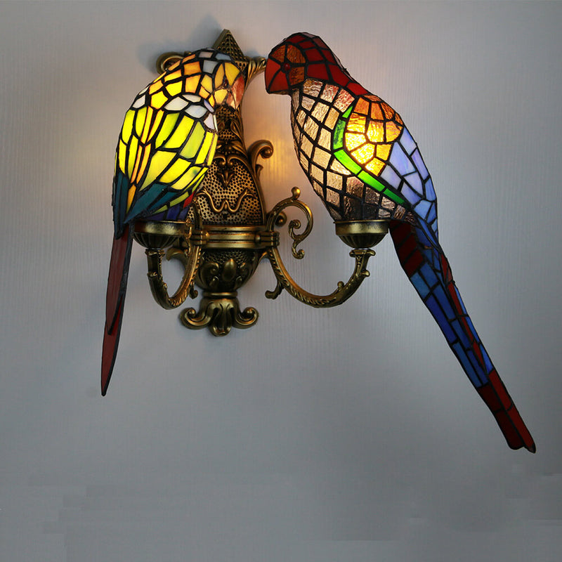 Tiffany Pastoral Double-Headed Parrot Stained Glass 2-Light Wall Sconce Lamp