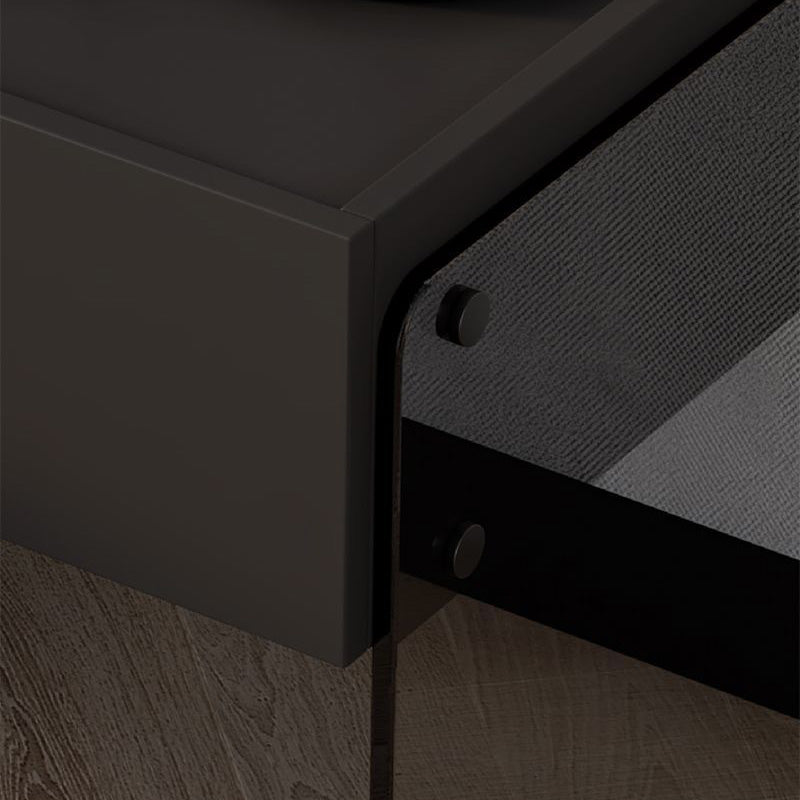 Mesita de noche rectangular moderna y minimalista de madera contrachapada y vidrio con 1 cajón para dormitorio 