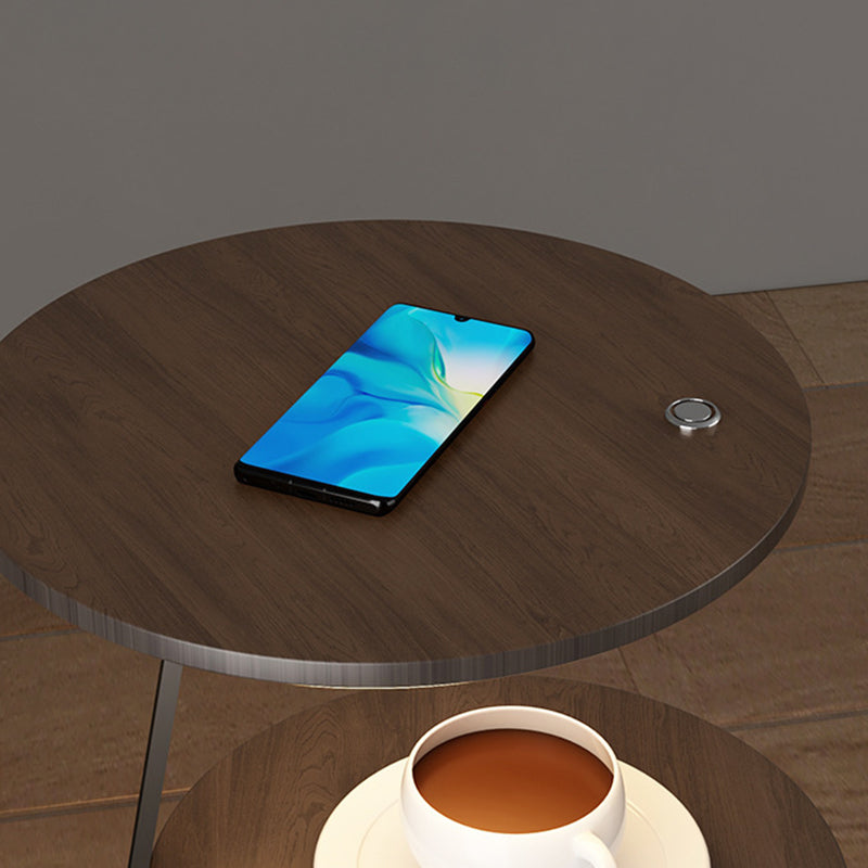 Table de chevet contemporaine nordique ronde en noyer et marbre avec fer, charge sans fil pour téléphone mobile, 2 niveaux pour le chevet 