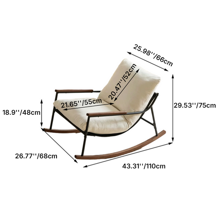 Silla mecedora cuadrada curva de madera maciza de metal de pana escandinava contemporánea con respaldo y reposabrazos para sala de estar 