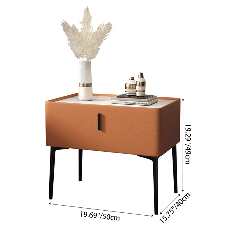 Zeitgenössischer skandinavischer rechteckiger Holz-Leder-Kohlenstoff-Legierungsnachttisch mit 1 Schublade und kabelloser Handy-Ladestation für das Bett 