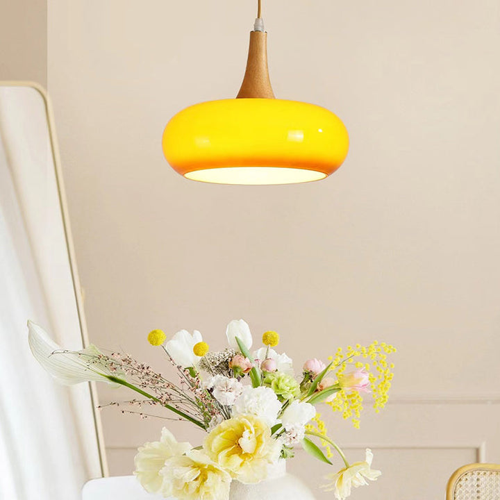 Zeitgenössische Einfachheit Persimmon Glas Form Holz 1-Licht Pendelleuchte für Wohnzimmer 
