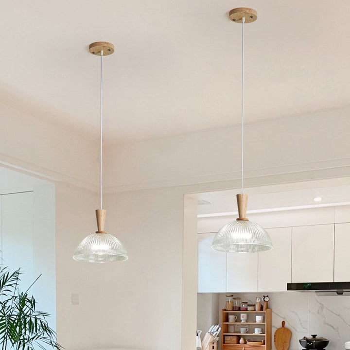 Suspension Luminaire Moderne Minimaliste Rond en Verre à Rayures en Dentelle avec Bois 1-Lumière pour Salon 