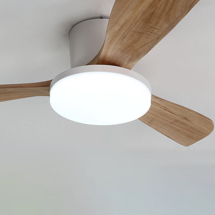 Zeitgenössischer skandinavischer Kupfer-Holz-Acryl-Ventilator LED-Halbeinbau-Deckenventilator für Wohnzimmer
