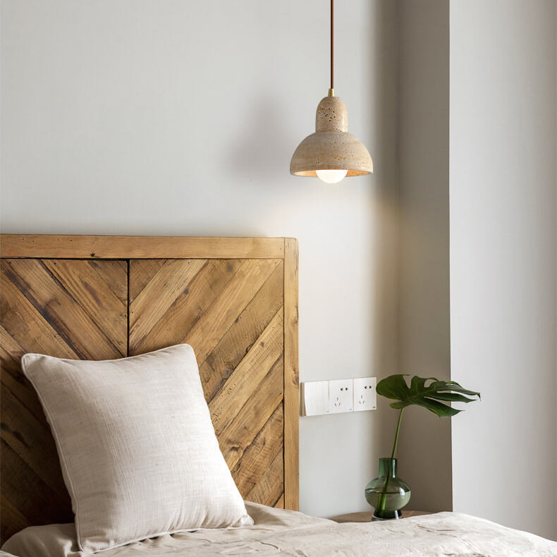 Traditional Japanese Yellow Travertine Semicircle 1-Light Pendant Light For Bedroom