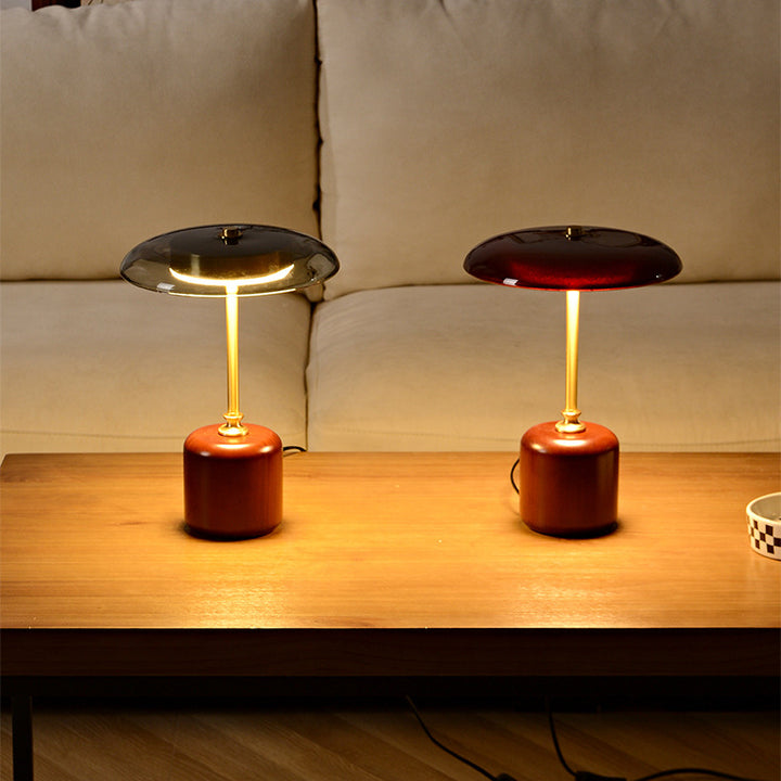 Lámpara de Mesa LED Cilíndrica Redonda de Latón Retro Contemporáneo con Madera y Vidrio para la Mesita de Noche 
