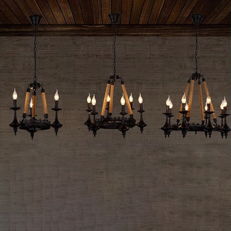 Traditioneller Vintage-Kandelaber aus Eisen, Hanfseil, 3/6/8 Lichter, Kronleuchter für Wohnzimmer 