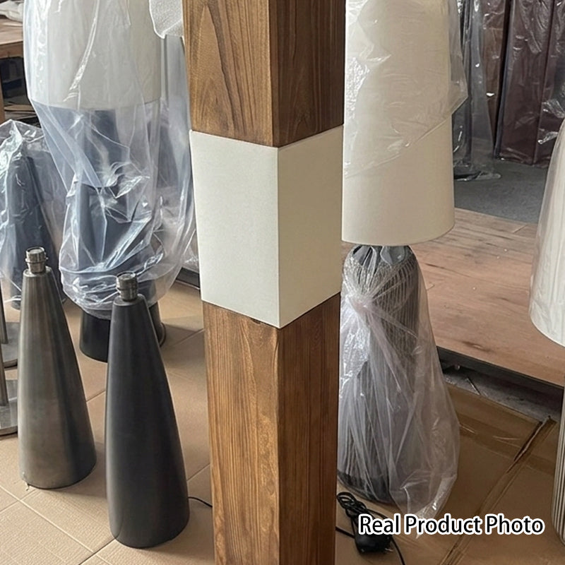 Traditional Vintage Solid Wood Iron LED Floor Lamp Fabric Distressed Rectangular Pillar Design for Living Room