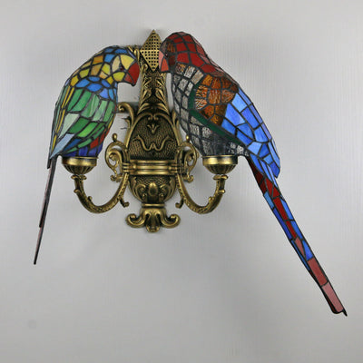 Tiffany Pastoral Double-Headed Parrot Stained Glass 2-Light Wall Sconce Lamp