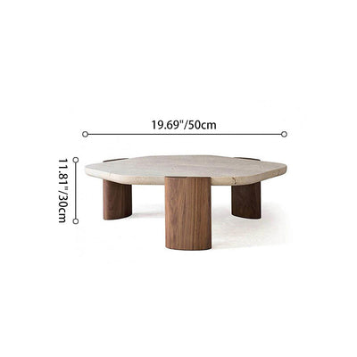 Mesa de centro contemporánea nórdica hexagonal de travertino con 3 patas de madera para sala de estar 