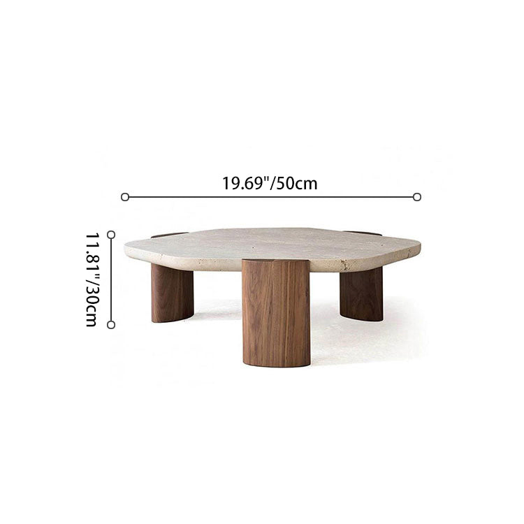 Mesa de centro contemporánea nórdica hexagonal de travertino con 3 patas de madera para sala de estar 