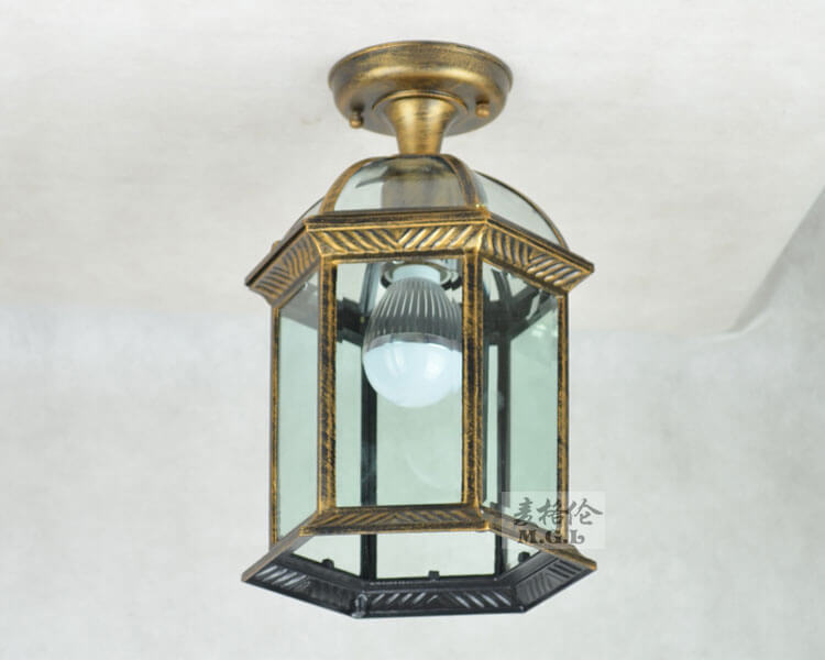 European Outdoor Hexagonal Lantern Waterproof 1-Light Semi-Flush Mount Ceiling Light