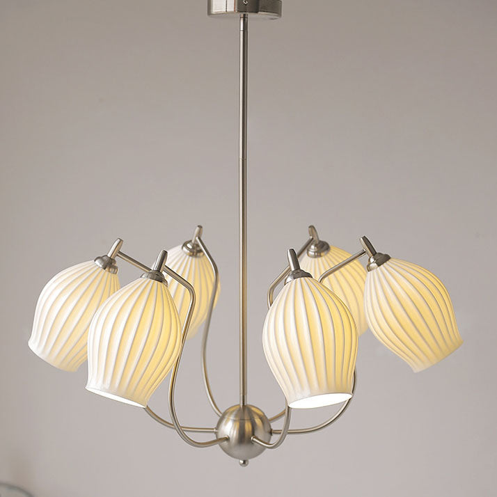 Traditioneller französischer Kronleuchter aus Eisen, Kupfer und Keramik mit Blumenglocke, gestreift, 4/6/8 Lichter für Wohnzimmer 