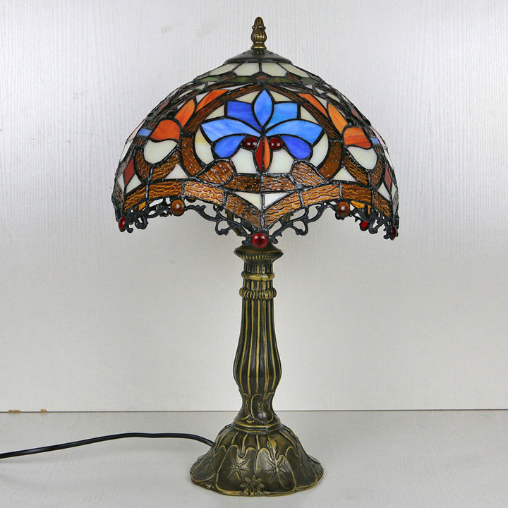 Abat-jour en dôme en verre teinté Tiffany traditionnel Base en alliage de lotus Lampe de table à 1 lumière pour chambre 