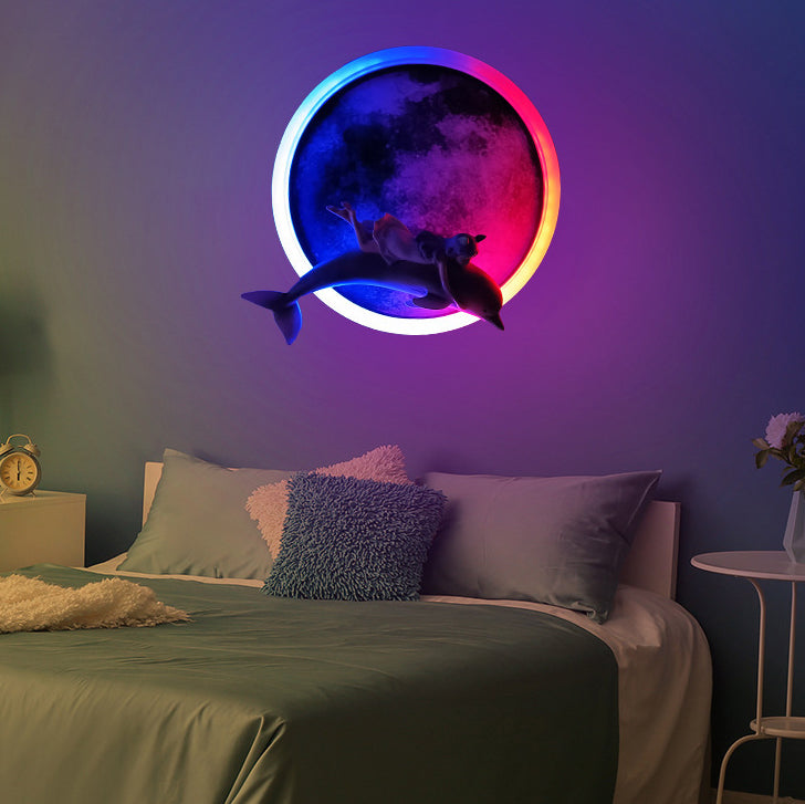 Modern Minimalist Round Iron Acrylic Round Moon Dolphins Astronauts LED Wall Sconce Lamp For Living Room