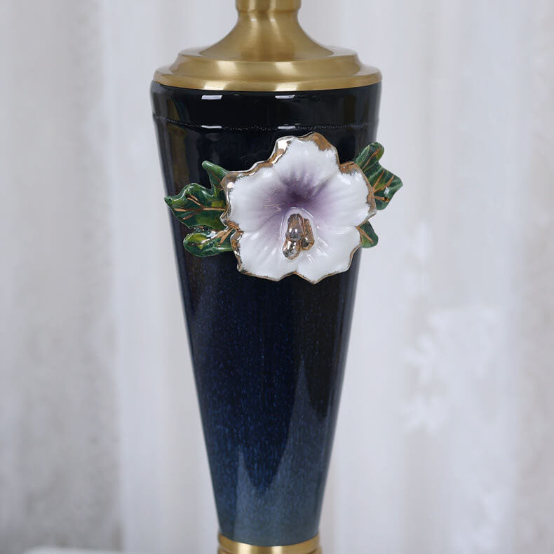 Vintage European Ceramic Floral Pleated Fabric 1-Light Table Lamp