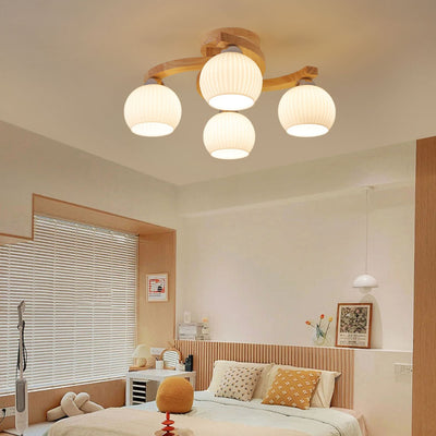 Traditional Japanese Solid Wood Striped Glass Round Shade Branch 3/4/6 Light Semi-Flush Mount Ceiling Light For Living Room
