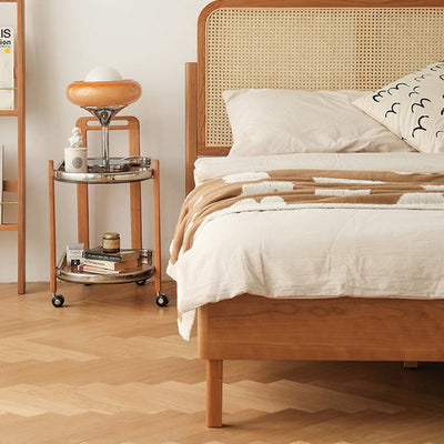 Moderner minimalistischer quadratischer Holz-Glas-Endtisch, zweistufiger Wagen, drehbar für das Wohnzimmer 