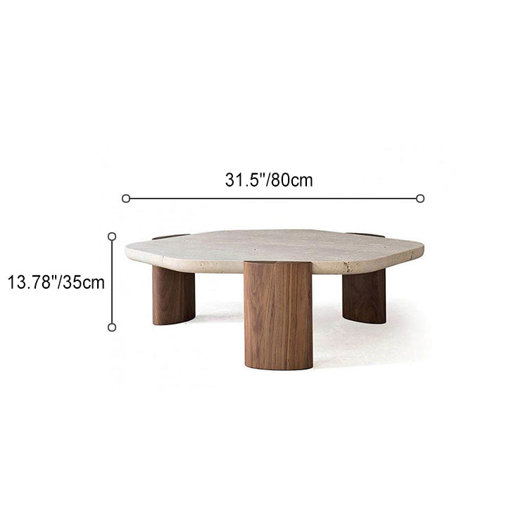 Mesa de centro contemporánea nórdica hexagonal de travertino con 3 patas de madera para sala de estar 