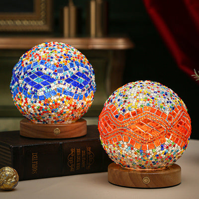 Zeitgenössische Boho Orb Holz Glas USB LED Tischlampe für Schlafzimmer 
