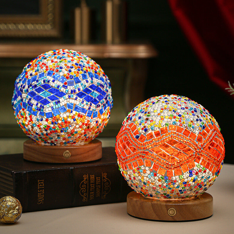 Zeitgenössische Boho Orb Holz Glas USB LED Tischlampe für Schlafzimmer 