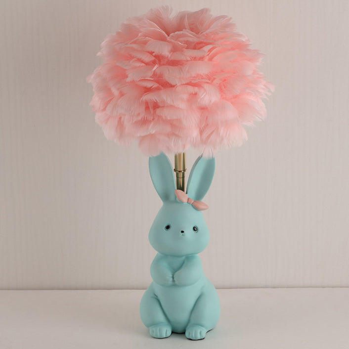 Lampe de table à 1 lumière en verre avec orbe en métal et plumes de lapin Art Déco moderne pour chambre à coucher 