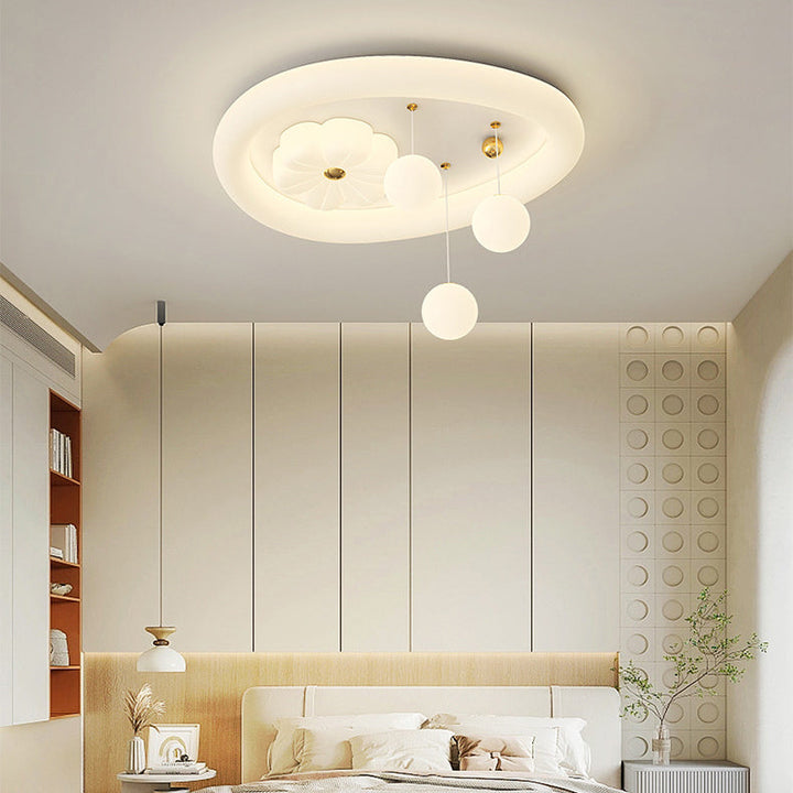 Modern Art Deco Oval Cream Bubble Flower Moon PE Iron LED Flush Mount Ceiling Light For Living Room