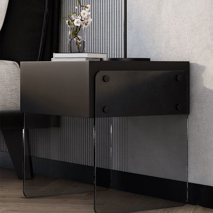 Mesita de noche rectangular moderna y minimalista de madera contrachapada y vidrio con 1 cajón para dormitorio 