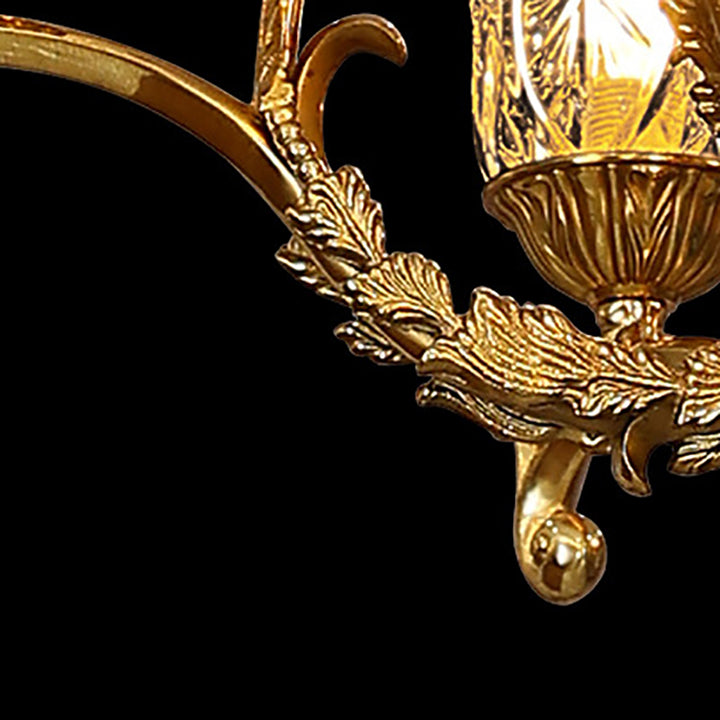 Lustre à 6 lumières en verre et cuivre avec branche de feuilles florales traditionnelles françaises pour chambre 