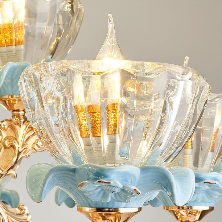 Traditional European Flower Candelabra Zinc Alloy Crystal Glass Ceramic 6/8/10/12-Light Chandelier For Living Room