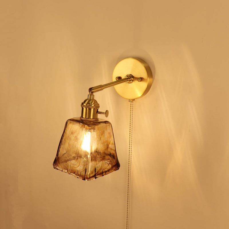Traditionelle Vintage Messing Bernstein Quadrat Glas Schatten 1-Licht Wand Leuchte Lampe für Wohnzimmer 